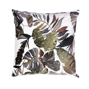 cuscino arredo Lagoon di Reevèr bianco con fantasia jungle in velluto