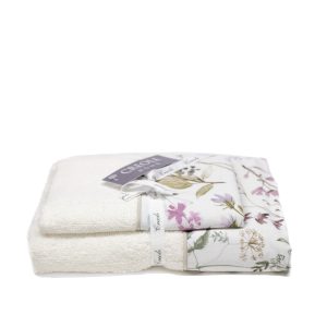 Asciugamano con ospite Lorient di Creole Home color panna con balza in lino stampata floreale