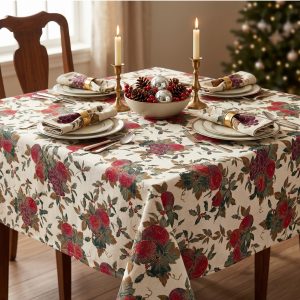 tovaglia natalizia su misura Winter Banquet con decori natalizi e brillantini dorati