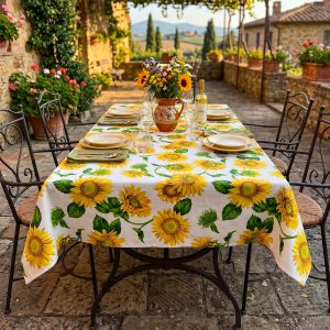 tovaglia antimacchia con girasoli su sfondo bianco di BTG