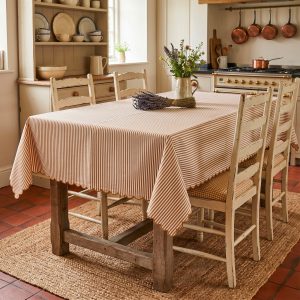 tovaglia brownies and stripes con piccole righe marroncine e bordino ricamato