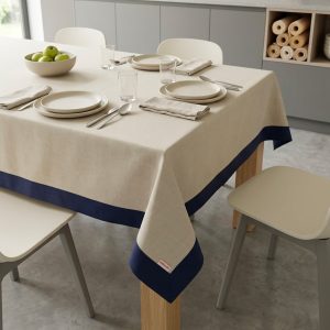 tovaglia Color Club Vallesusa Beige con bordo blu in panama morbidissimo