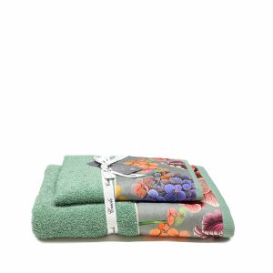asciugamano con ospite Vindra di Creole Home color smeraldo con balza floreale in raso